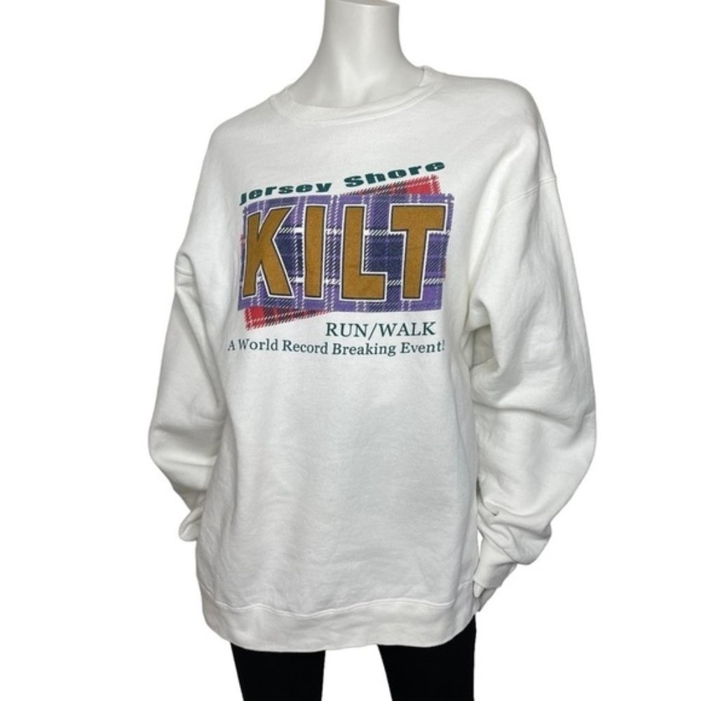 VINTAGE Oversized 80s 90s White Graphic Crewneck Sweater Made in USA